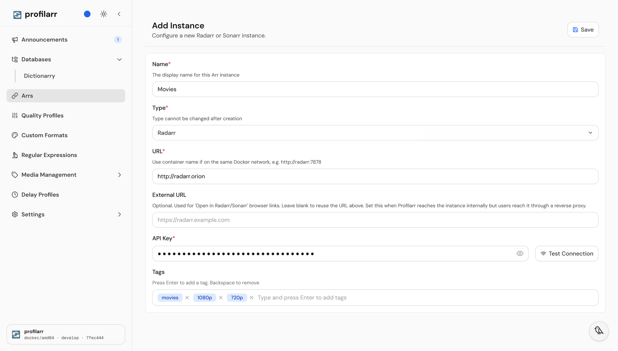Profilarr's Add Instance form for a Radarr instance named Movies, with its URL, a hidden API key, a Test Connection button, and tags